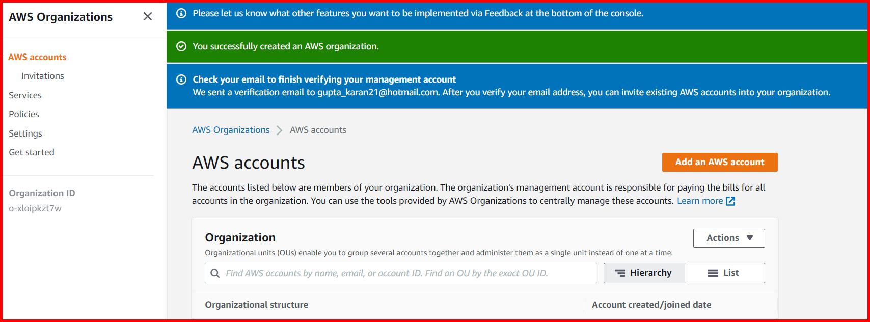 Picture showing the confirmation message when the aws organization is created
